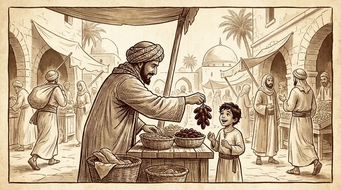 An Arab man handing fruit to a child — generosity as default
