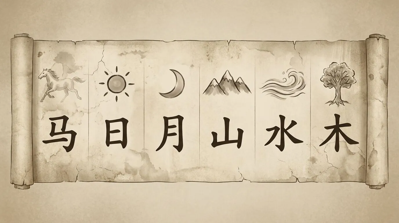 Origin scroll of six pictographic characters — 马 日 月 山 水 木