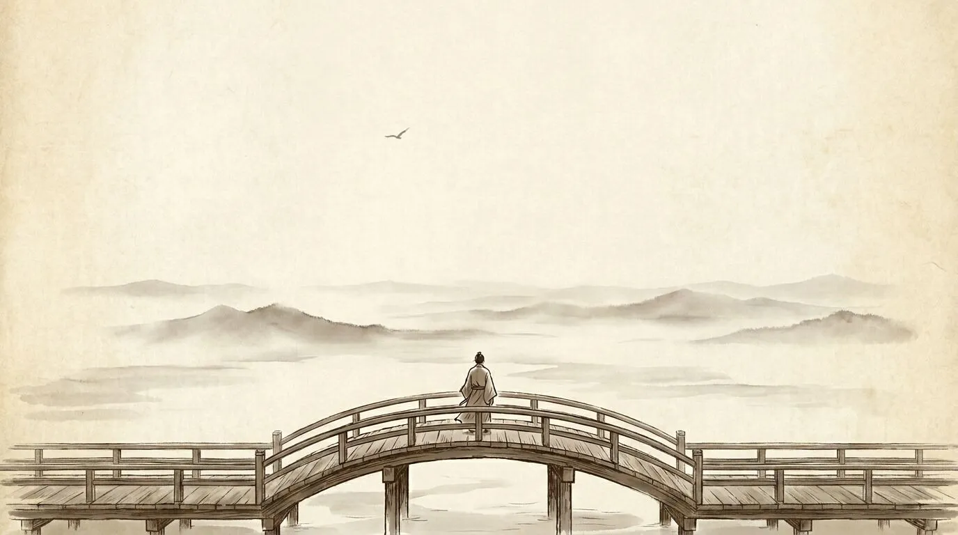 Woodblock print — a single figure standing apart on an empty plain
