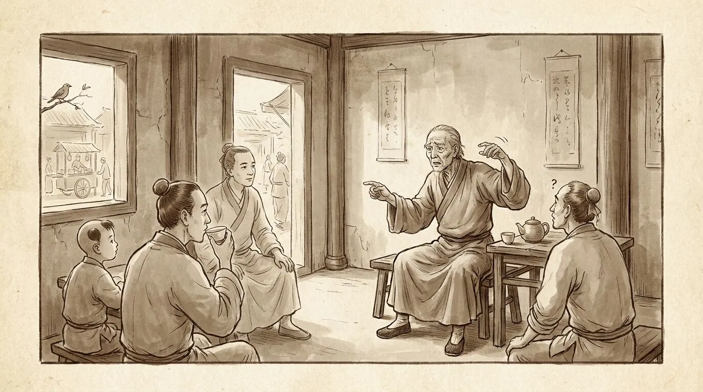 Woodblock print — elderly storyteller in a Song teahouse, hands pointing in opposite directions, audience watching in polite confusion
