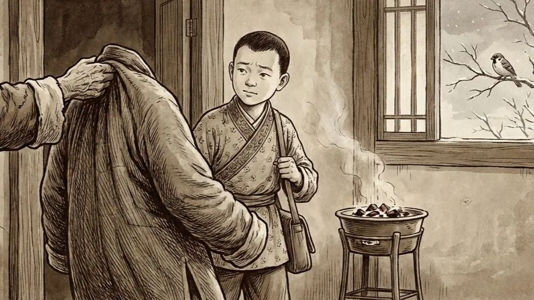 A Ming dynasty home in winter — a parent handing a padded robe to their child