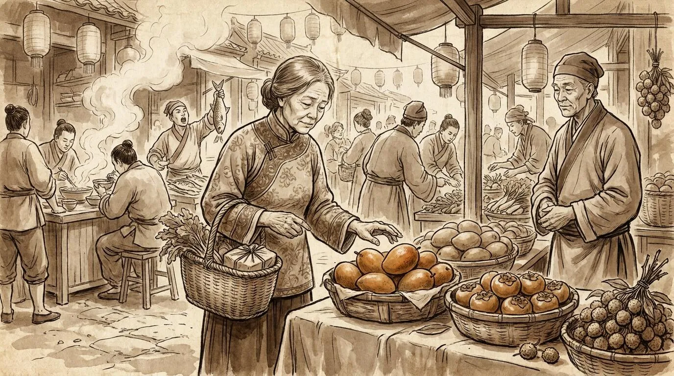A Ming dynasty kitchen — a young person discovers mangoes placed by a parent