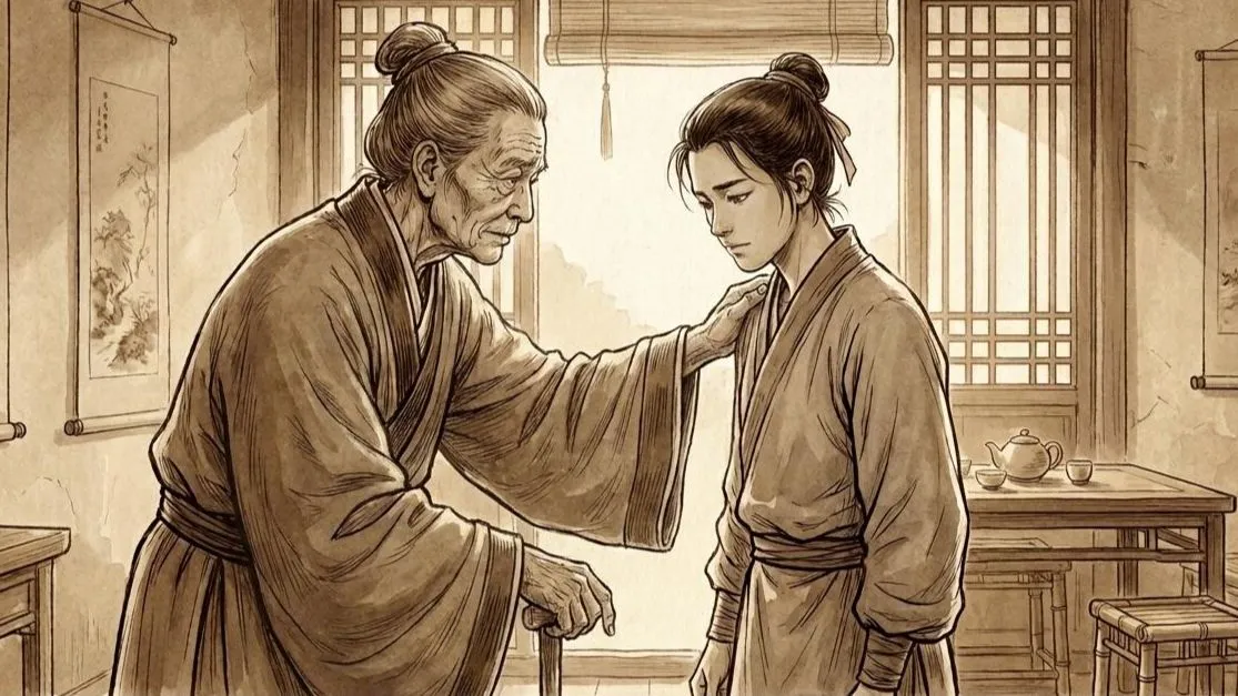 A Ming dynasty home — a parent examining their returning child with quiet concern