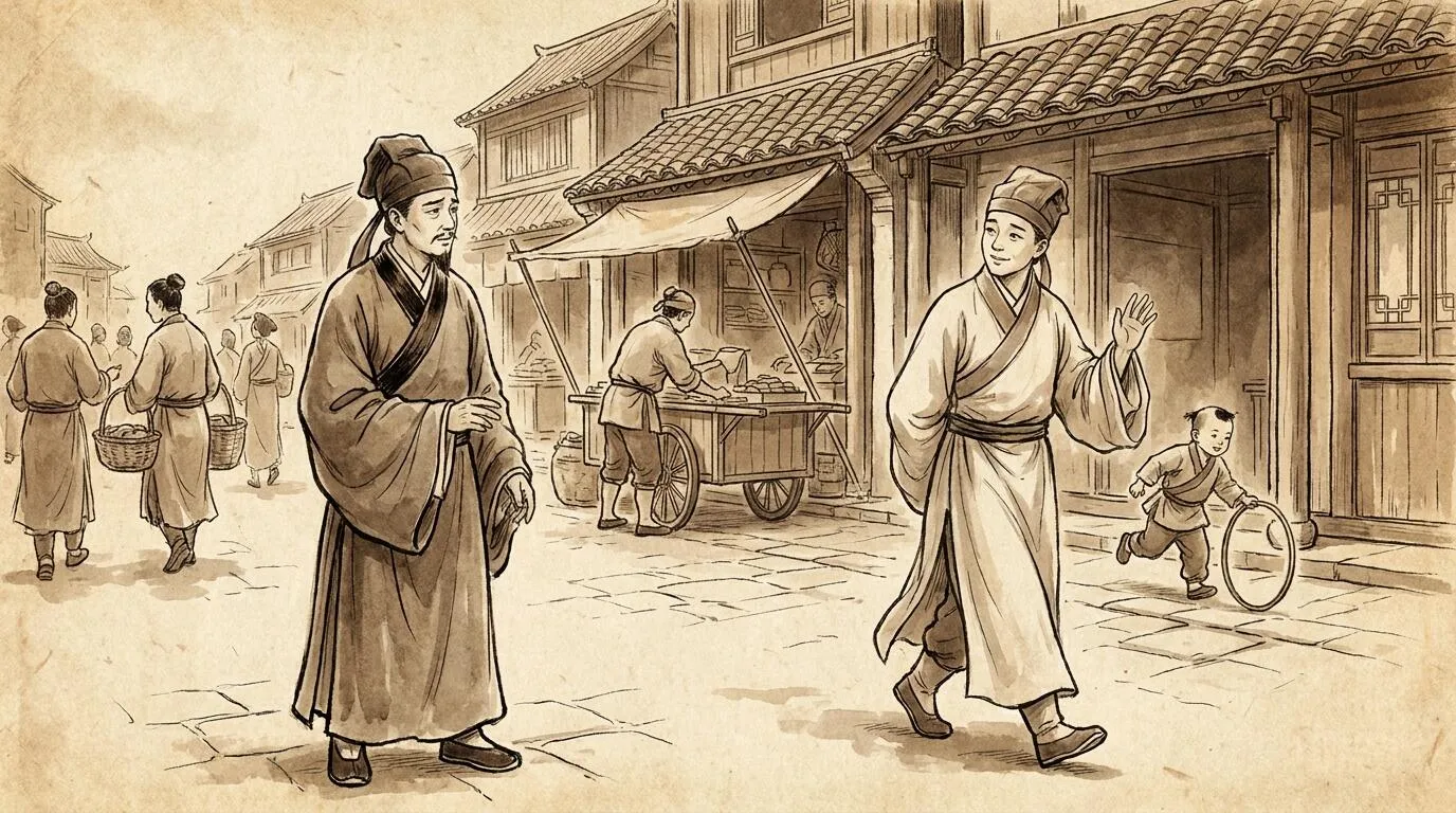 Two friends parting on a Ming dynasty street — one has just said 我再想想