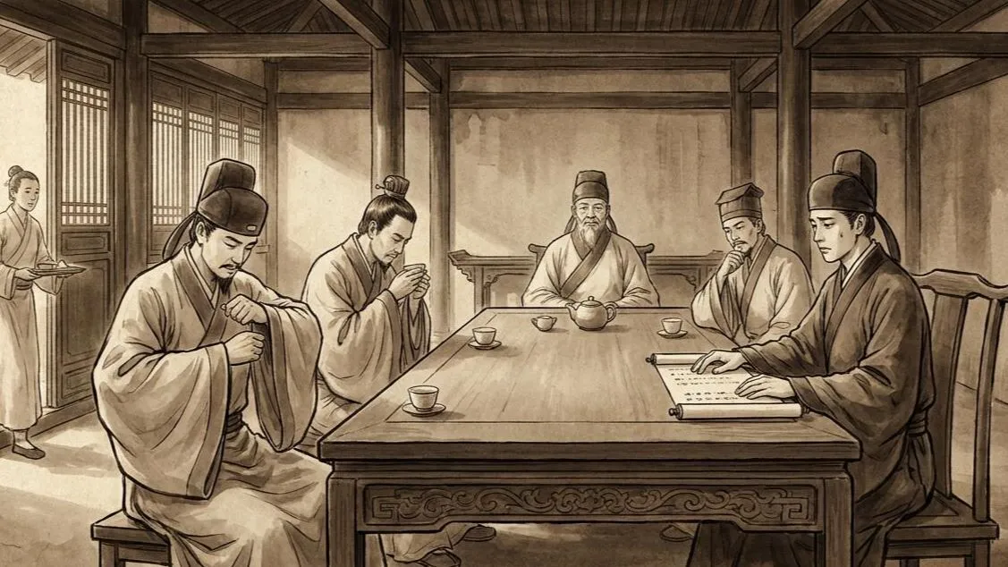 A Ming dynasty merchant's office — two men at a table, empty tea cups, the meeting over