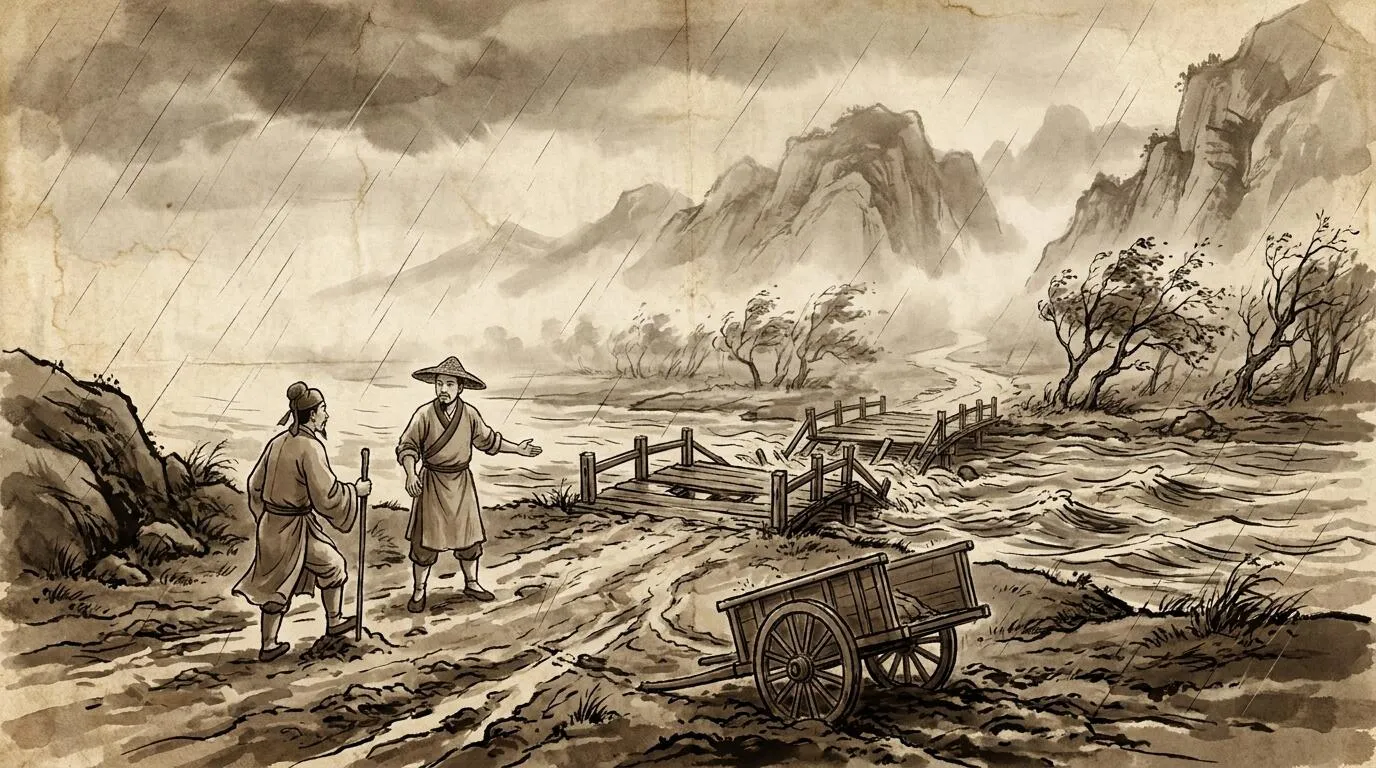 A Ming dynasty street under unsettled weather — the situation saying no