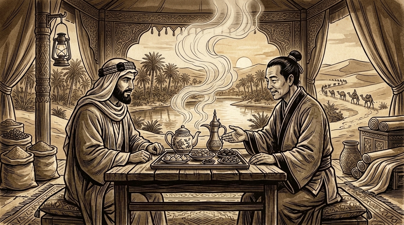 Merchants sharing food at a table — hospitality as declaration of care
