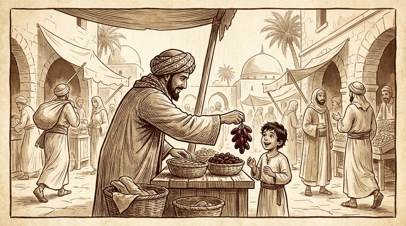 An Arab man handing fruit to a child — generosity as default