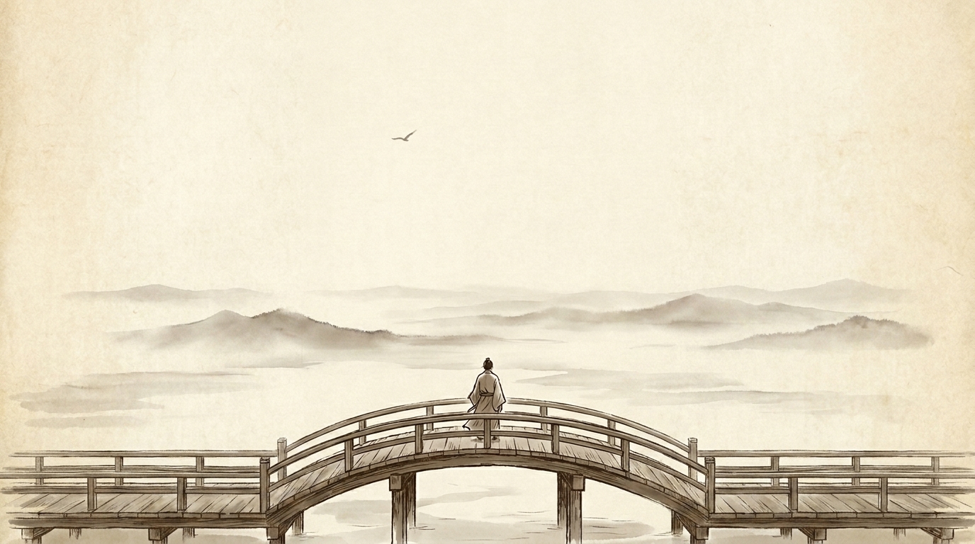 Woodblock print — a single figure standing apart on an empty plain