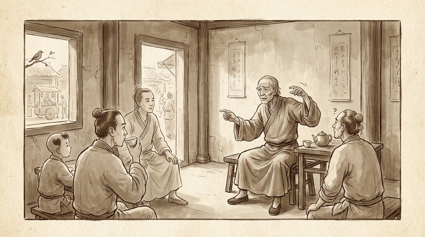 Woodblock print — elderly storyteller in a Song teahouse, hands pointing in opposite directions, audience watching in polite confusion