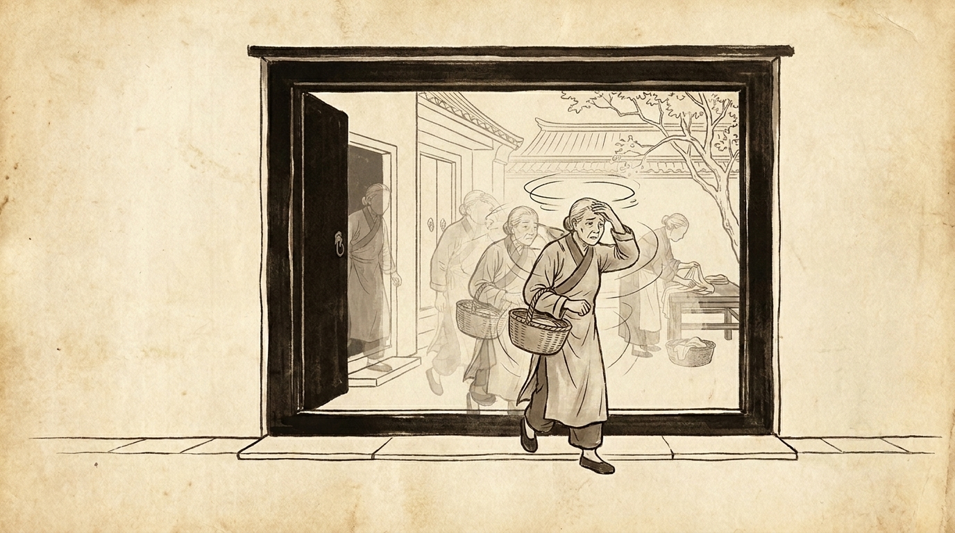 Woodblock print — grandmother at a Song courtyard gate, three ghost-echoes of her returning for forgotten things, neighbour watching amused