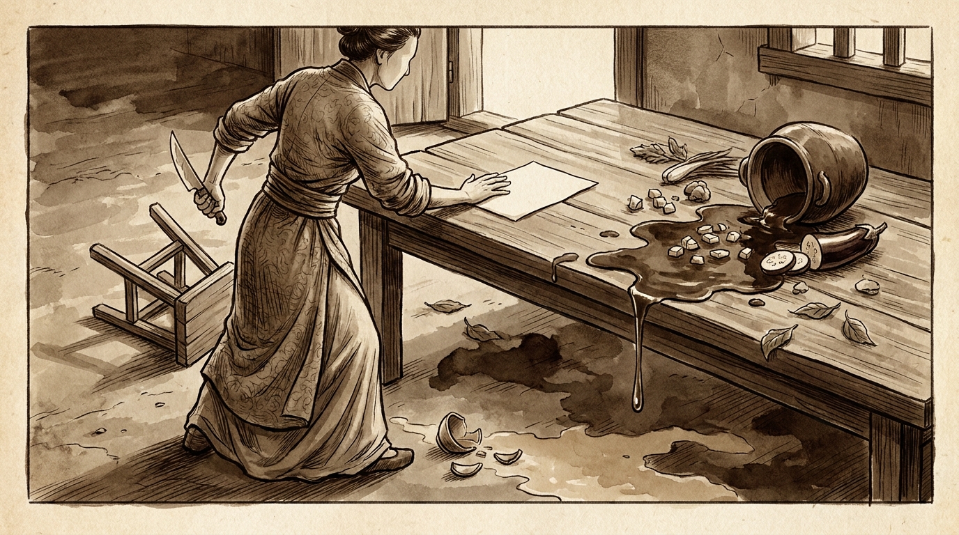 Woodblock print — Song kitchen frozen mid-afternoon, woman with knife in one hand and a letter in the other, oil spilling, cup shattered