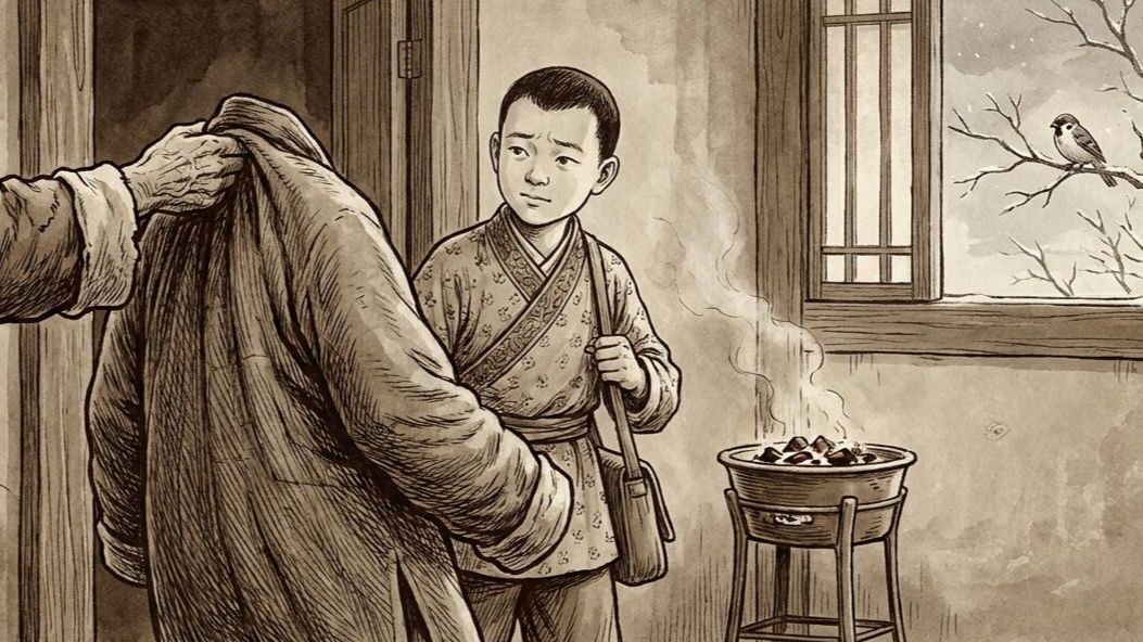 A Ming dynasty home in winter — a parent handing a padded robe to their child