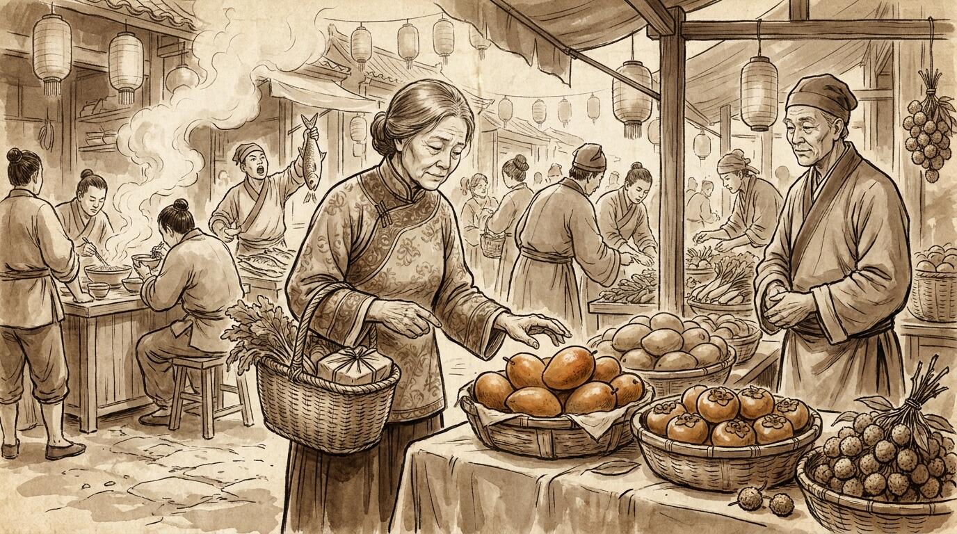 A Ming dynasty kitchen — a young person discovers mangoes placed by a parent