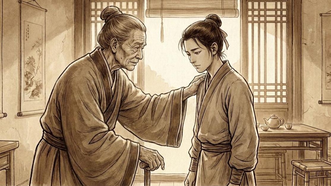 A Ming dynasty home — a parent examining their returning child with quiet concern