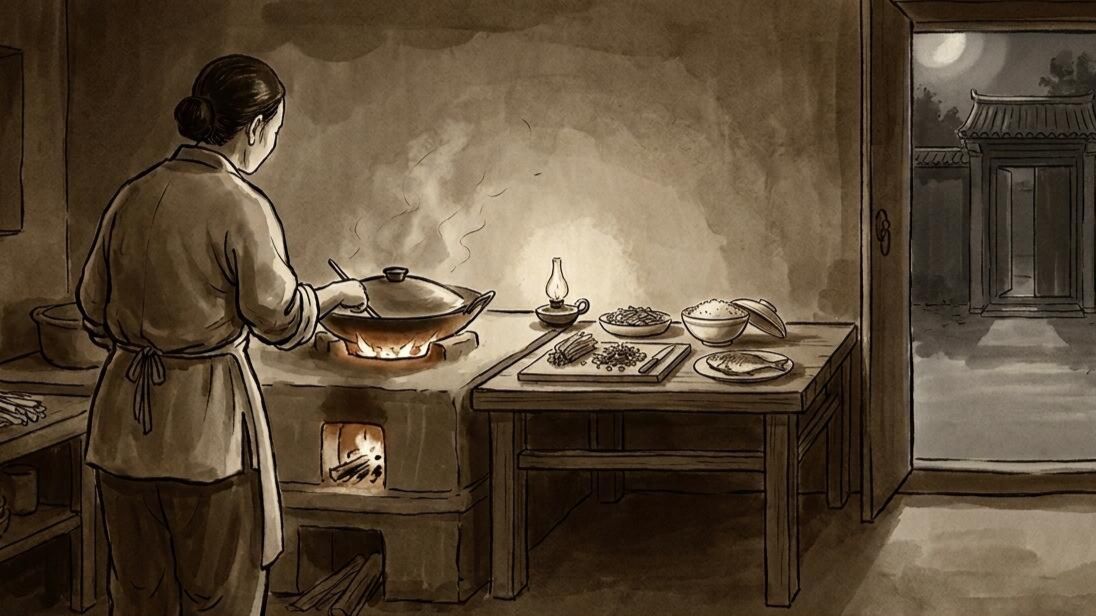 A Ming dynasty courtyard departure — parent at the gate, child turning back