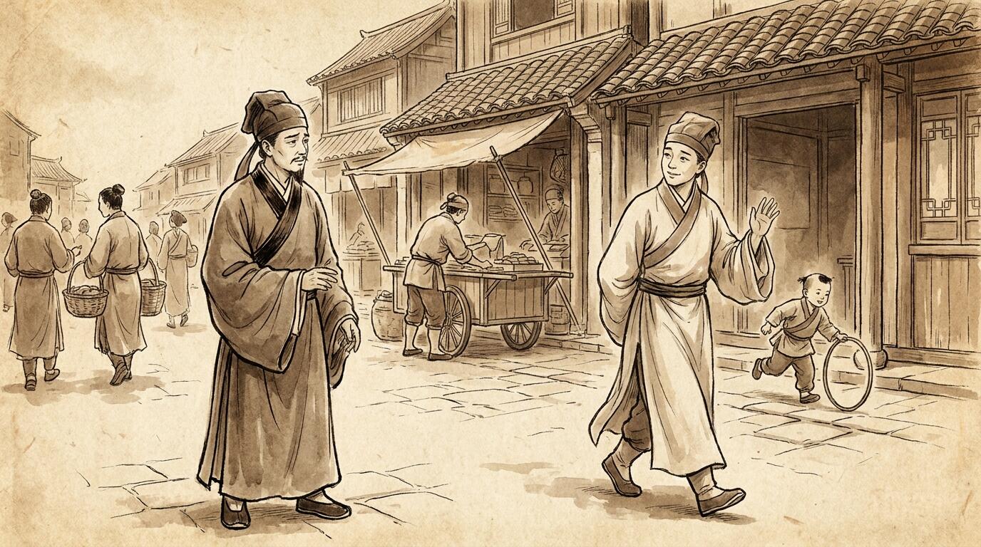Two friends parting on a Ming dynasty street — one has just said 我再想想
