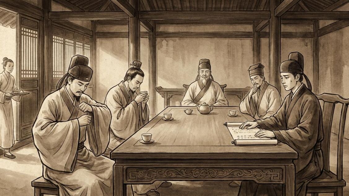 A Ming dynasty merchant's office — two men at a table, empty tea cups, the meeting over
