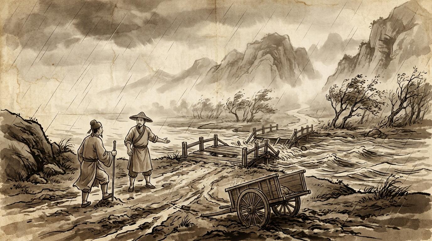 A Ming dynasty street under unsettled weather — the situation saying no